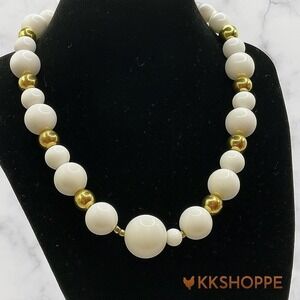 Vintage Monet White Bead Necklace with Gold Accents – 17 Inches